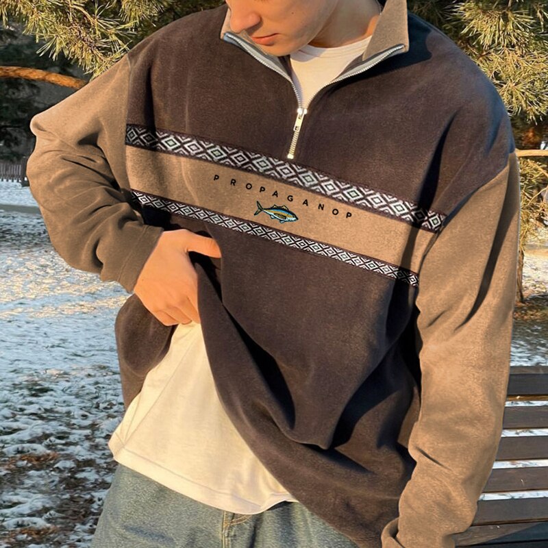 Men's khaki zip-up knit jumper with half-zip collar