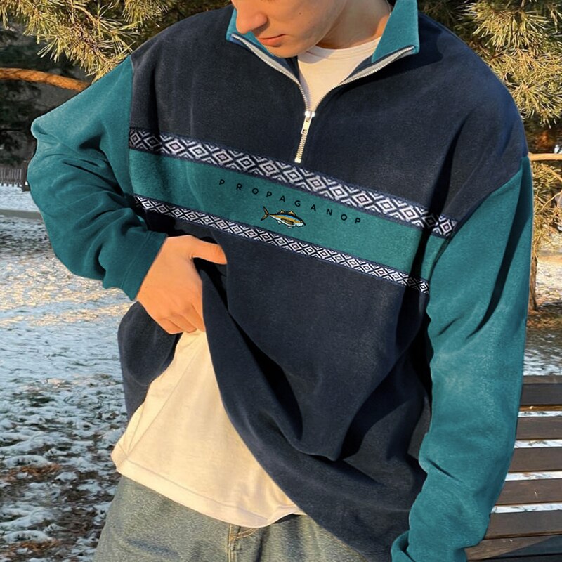 Men's khaki zip-up knit jumper with half-zip collar