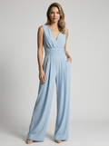 Women’s light blue women's wide leg jumpsuit v-neck
