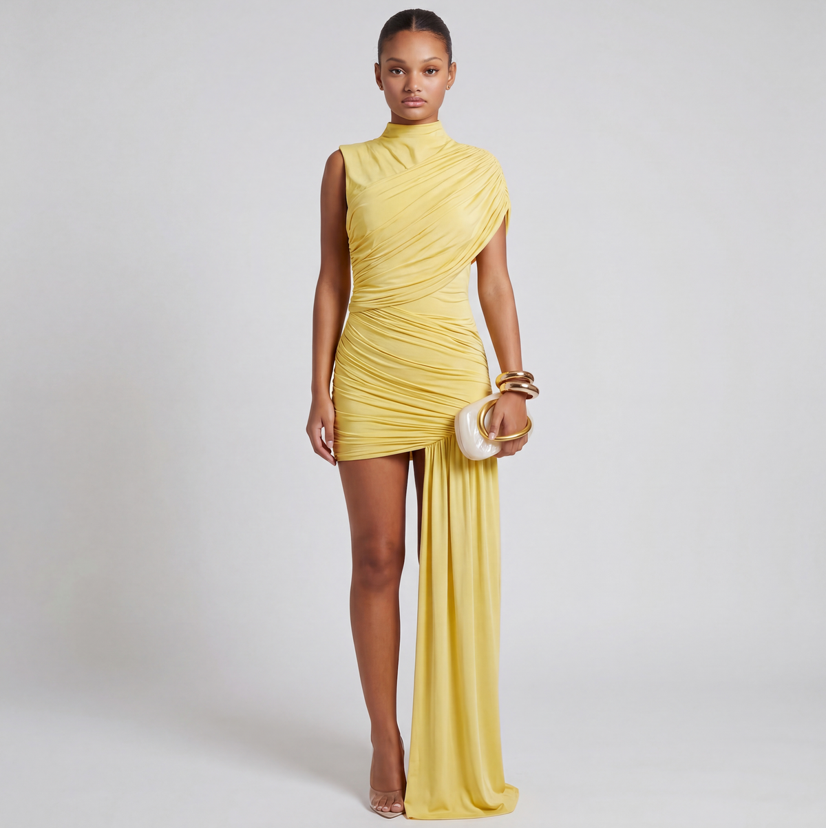 Mini dress styled with asymmetrical sash detail, front view