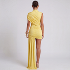 High neck mini dress close-up of ruched shoulder detail