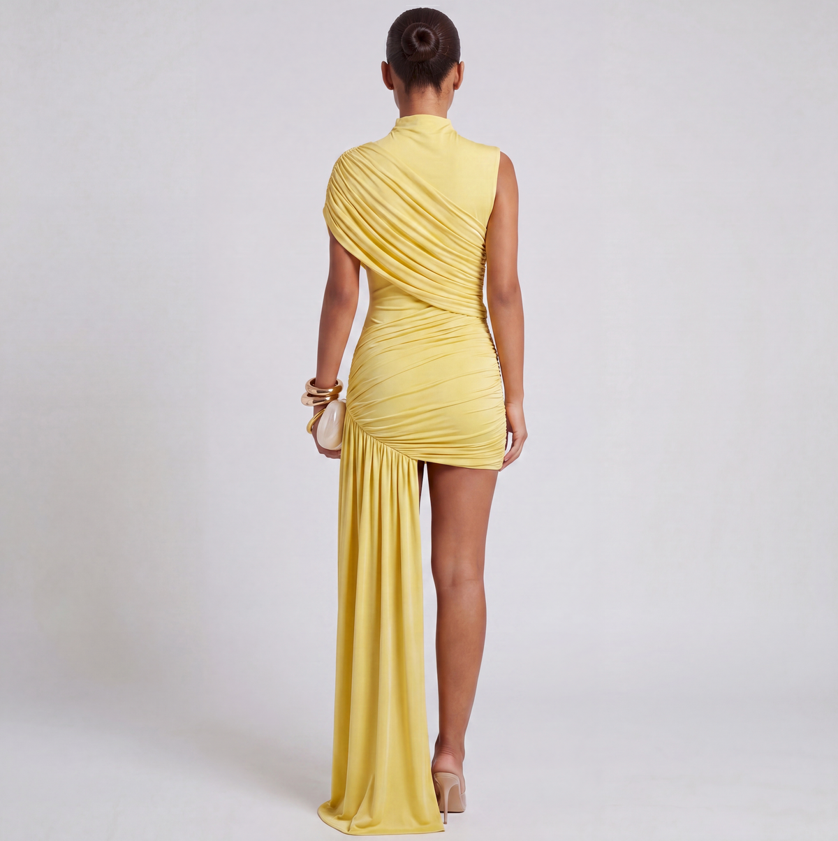 High neck mini dress close-up of ruched shoulder detail