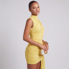 Mini dress worn front view, figure-defining silhouette