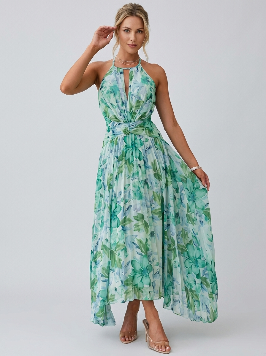 Women’s women's pleated floral midi dress halter