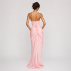 Maxi dress in Pink, showing the graceful draped skirt.