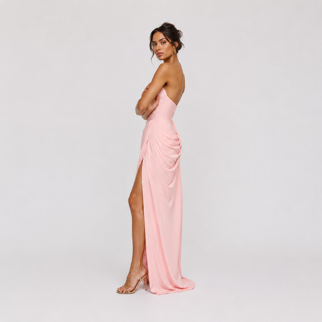 Maxi dress in Pink, showing the thigh-high side slit.