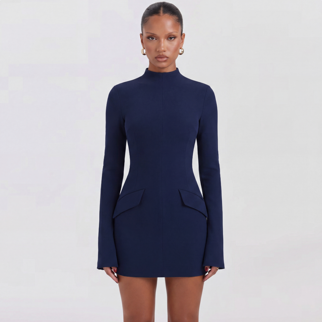 Black mini dress worn, showing the fit and overall silhouette.