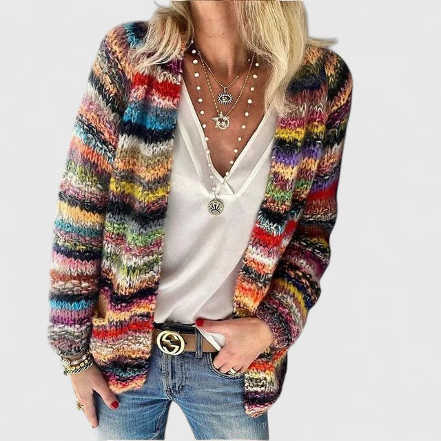 Women's red colourful open-knit relaxed cardigan