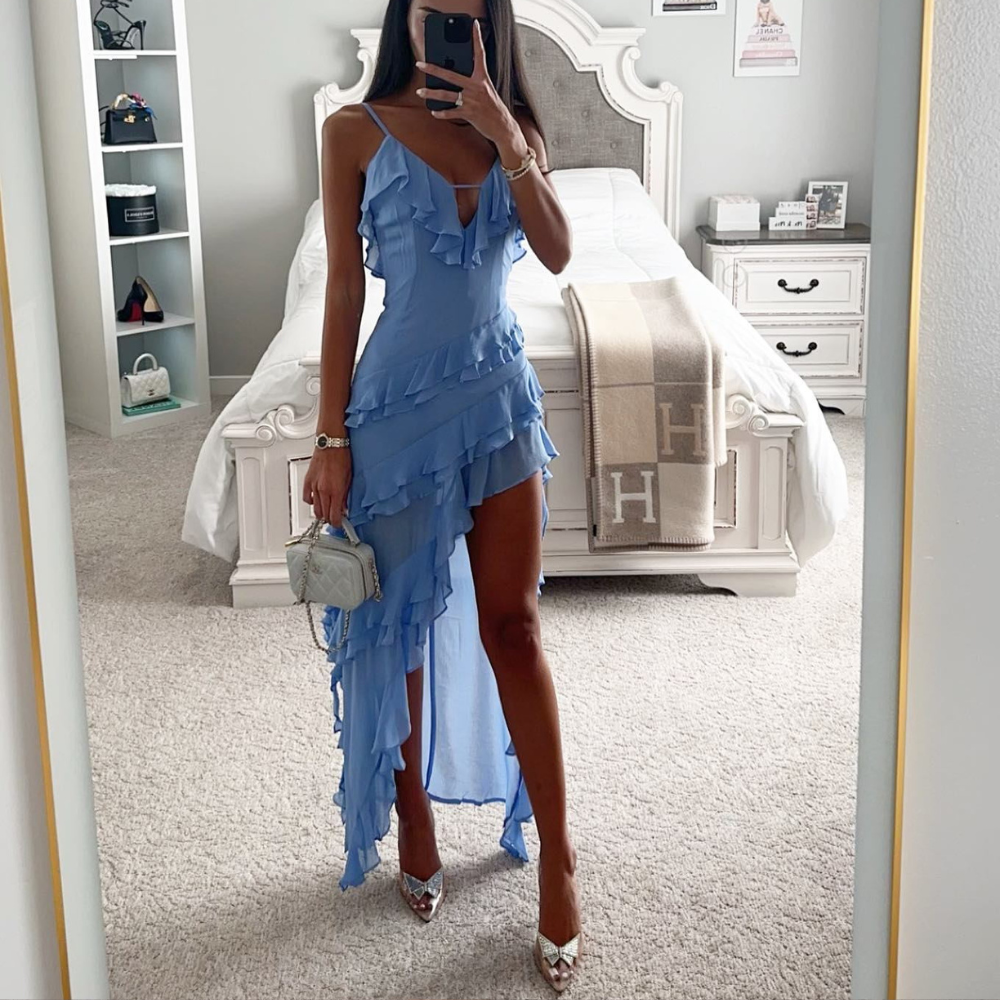 Blue women's chiffon midi dress, product photo 2
