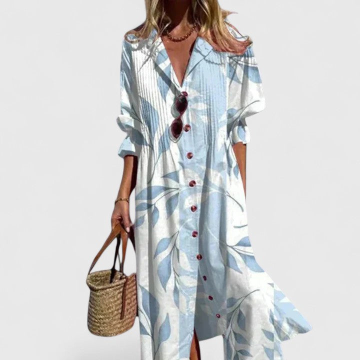 Women's white maxi shirt dress long-sleeve leaf print
