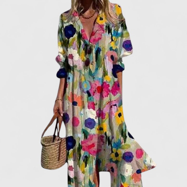 Women's white maxi shirt dress long-sleeve leaf print