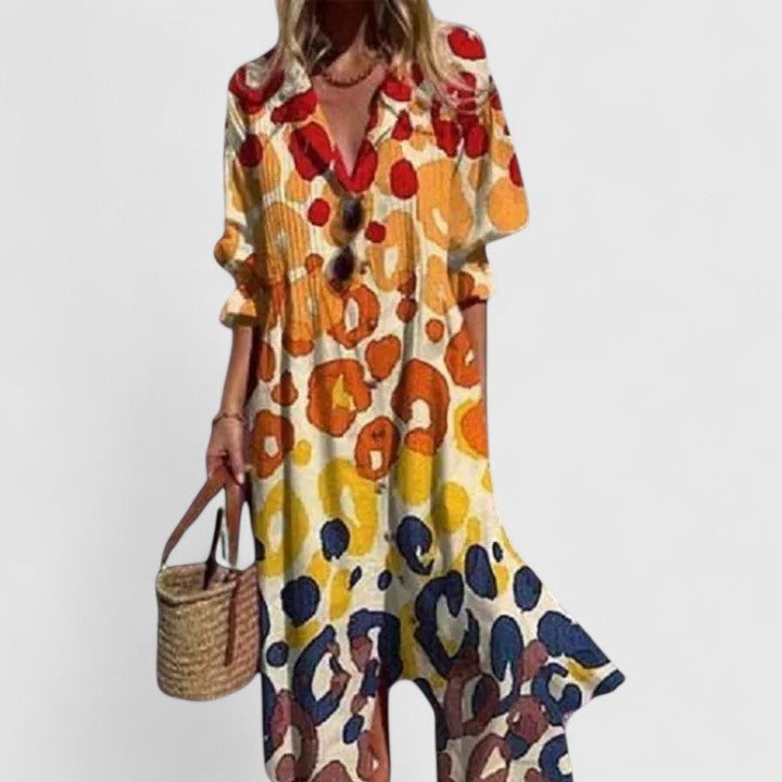 Women's white maxi shirt dress long-sleeve leaf print