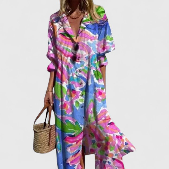 Women's white maxi shirt dress long-sleeve leaf print