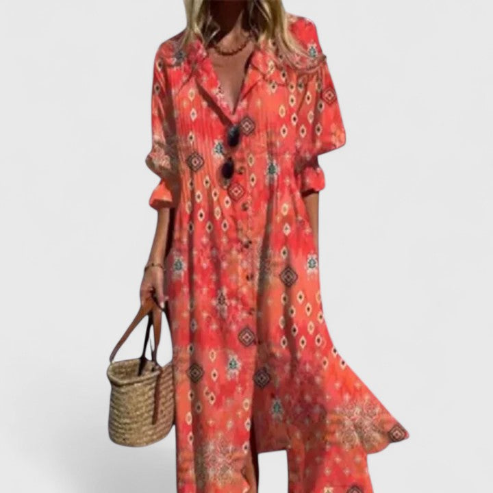 Women's white maxi shirt dress long-sleeve leaf print