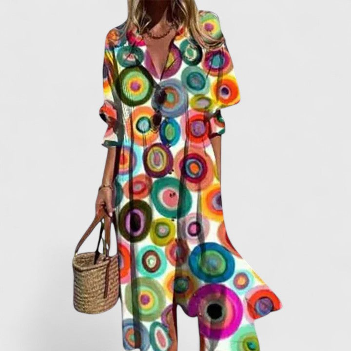 Women's yellow maxi shirt dress long-sleeve leaf print
