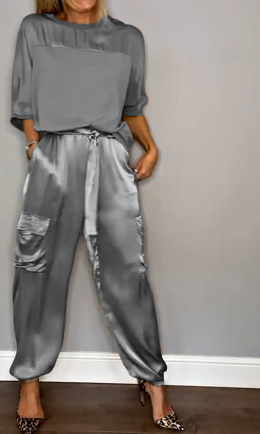 women's tailored satin two-piece set
