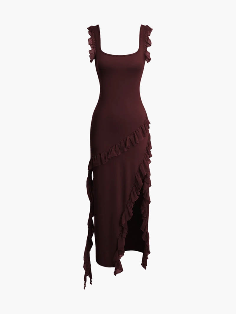Brown ruffled maxi dress with a front slit, flat lay product shot
