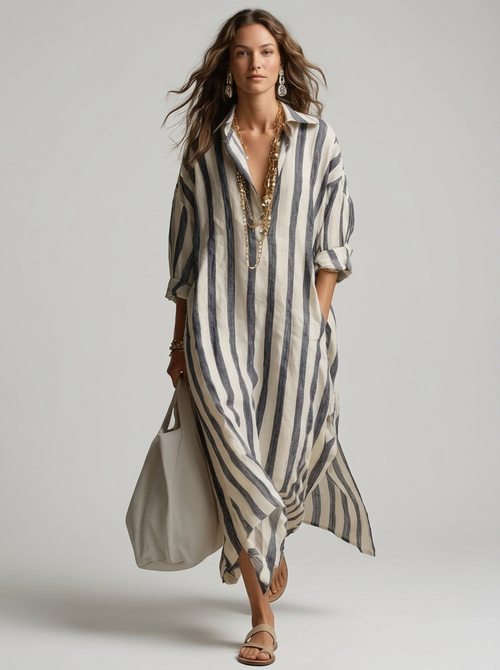 Women’s blue women's striped maxi shirt dress v-neck