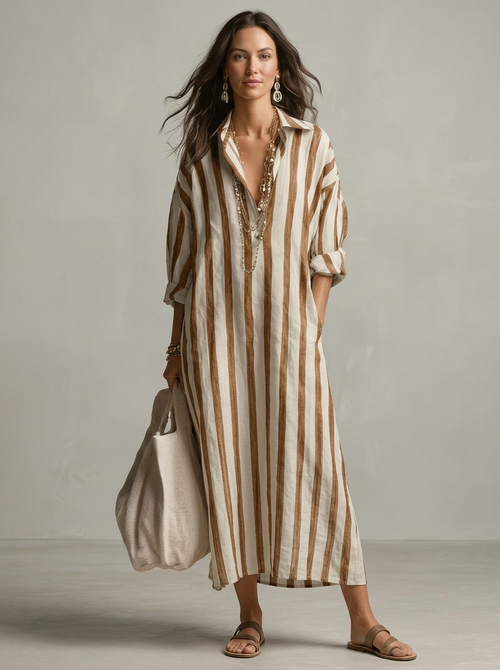 Women’s blue women's striped maxi shirt dress v-neck