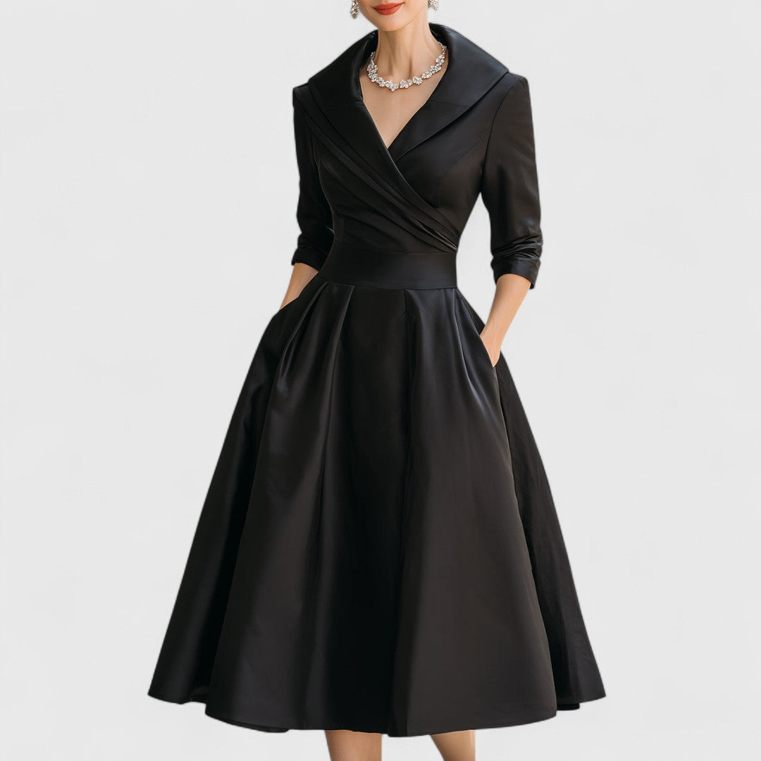 Women's black wrap midi dress v-neck 3/4-sleeve with