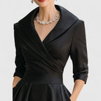 Women's black wrap midi dress v-neck 3/4-sleeve with
