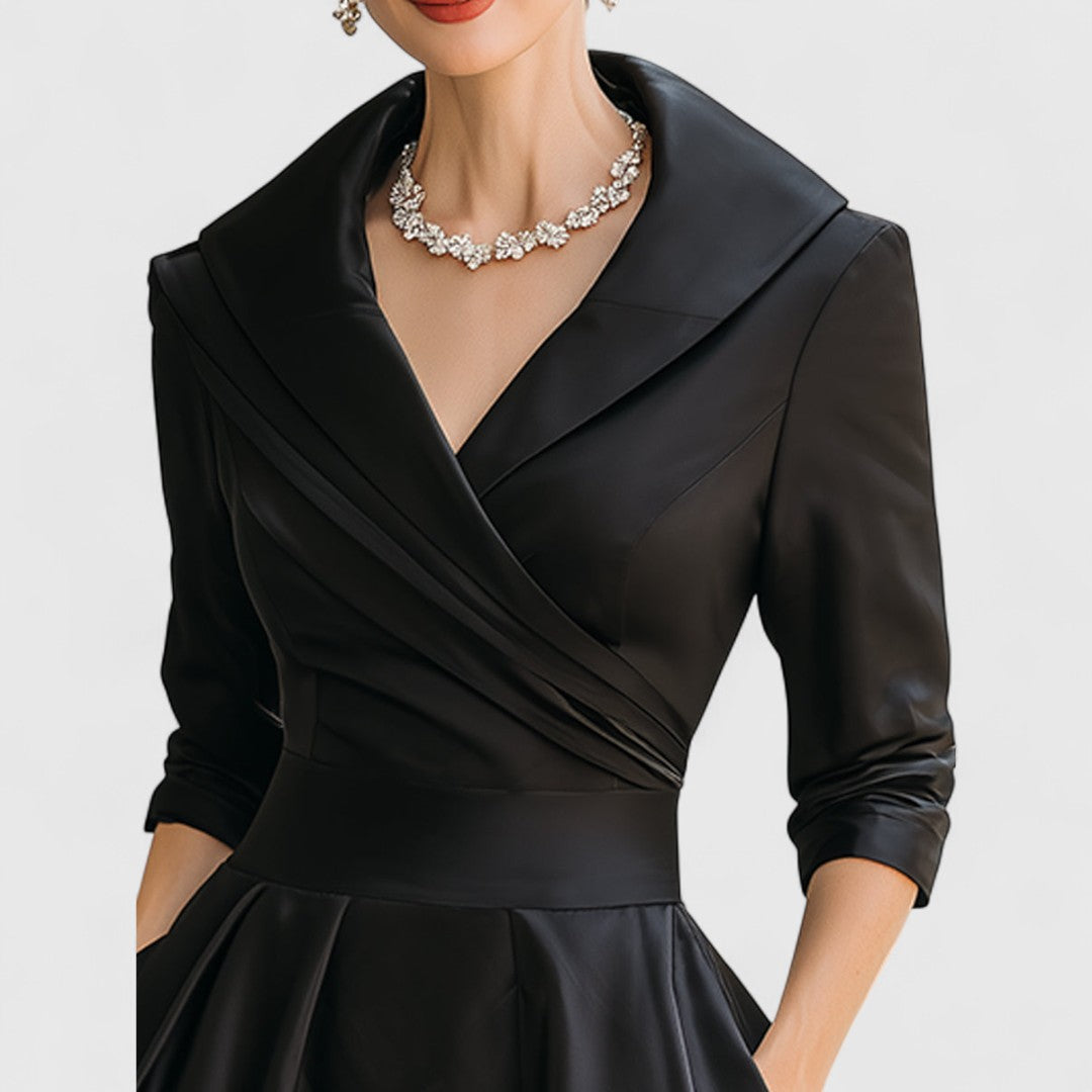 Women's black wrap midi dress v-neck 3/4-sleeve with