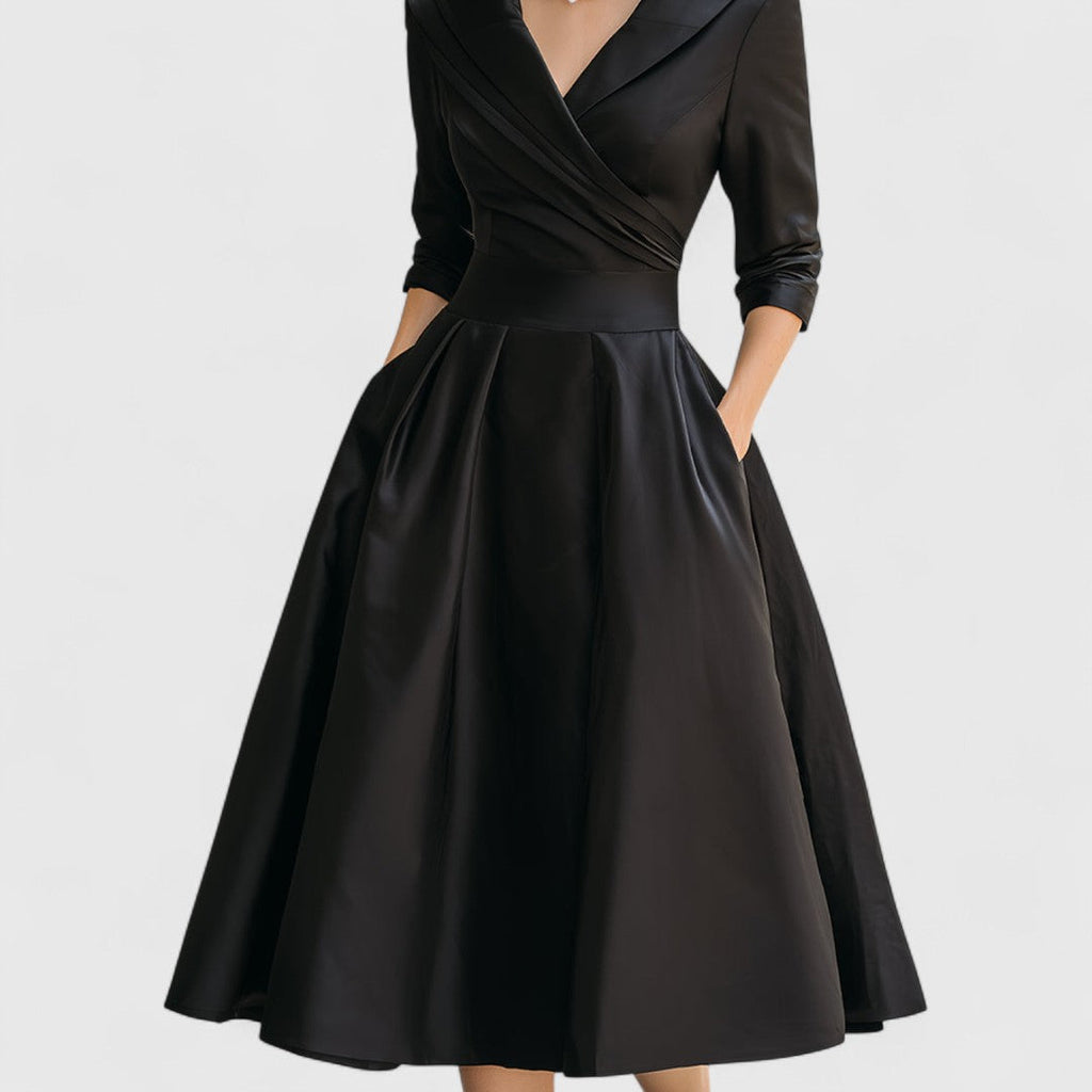 Women's black wrap midi dress v-neck 3/4-sleeve with