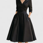Women's black wrap midi dress v-neck 3/4-sleeve with