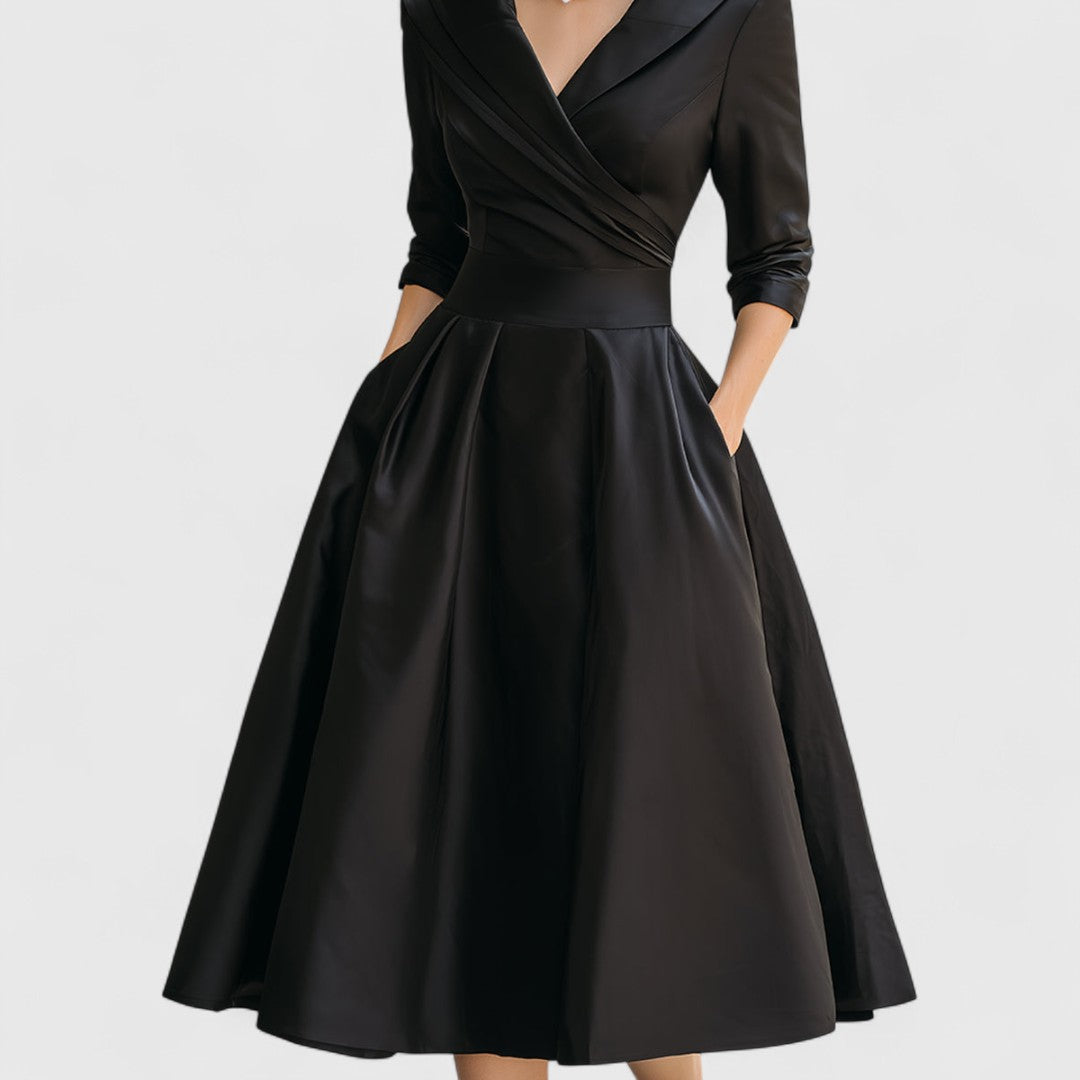 Women's black wrap midi dress v-neck 3/4-sleeve with