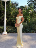 Champagne satin maxi dress shown with its glossy satin finish.