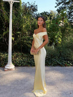 Champagne satin maxi dress shown with its glossy satin finish.