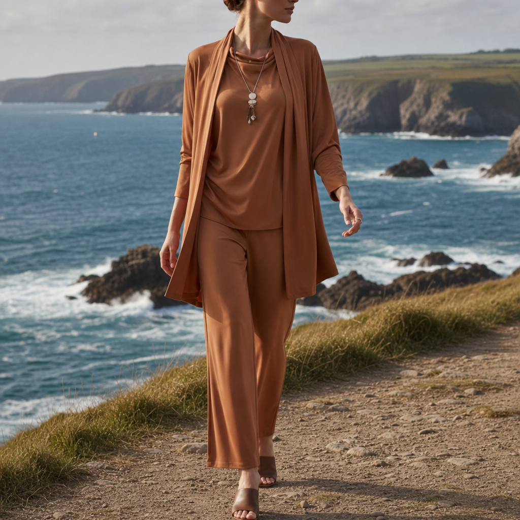 Caramel three-piece loungewear set styled for everyday comfort
