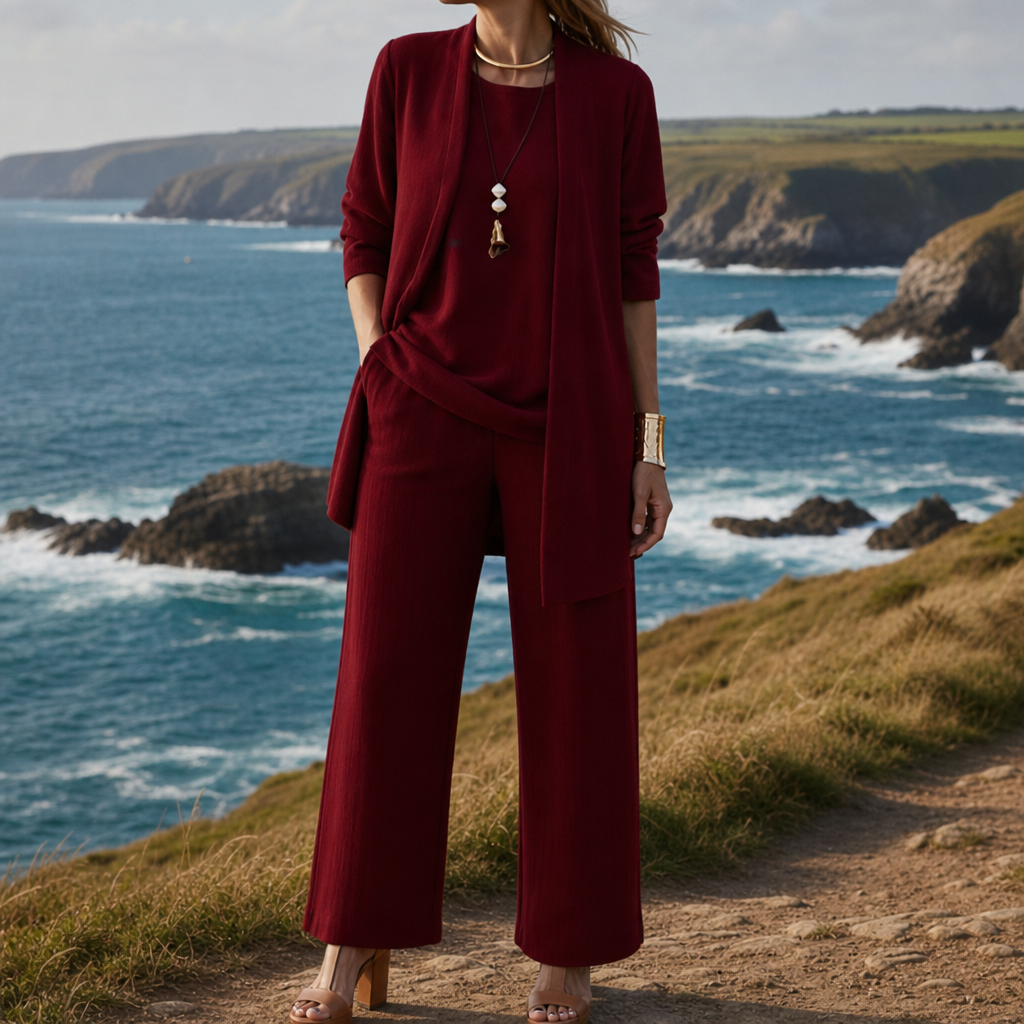 Red three-piece loungewear set styled for everyday comfort