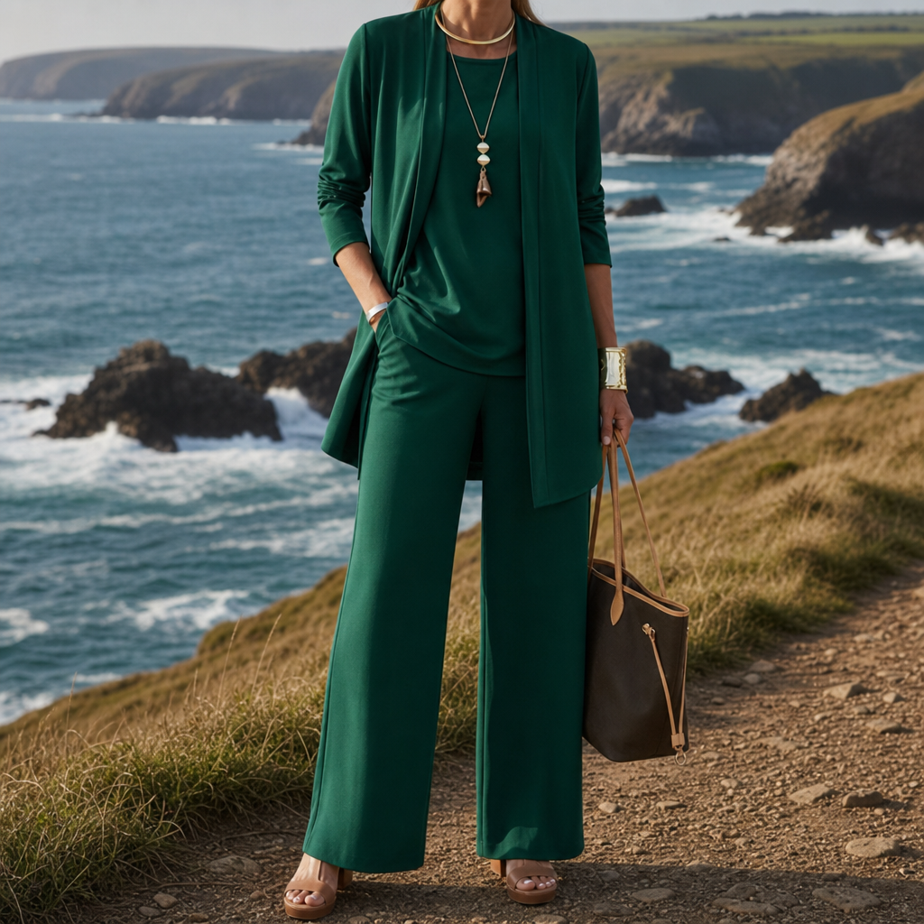 Emerald green three-piece loungewear set styled for comfort