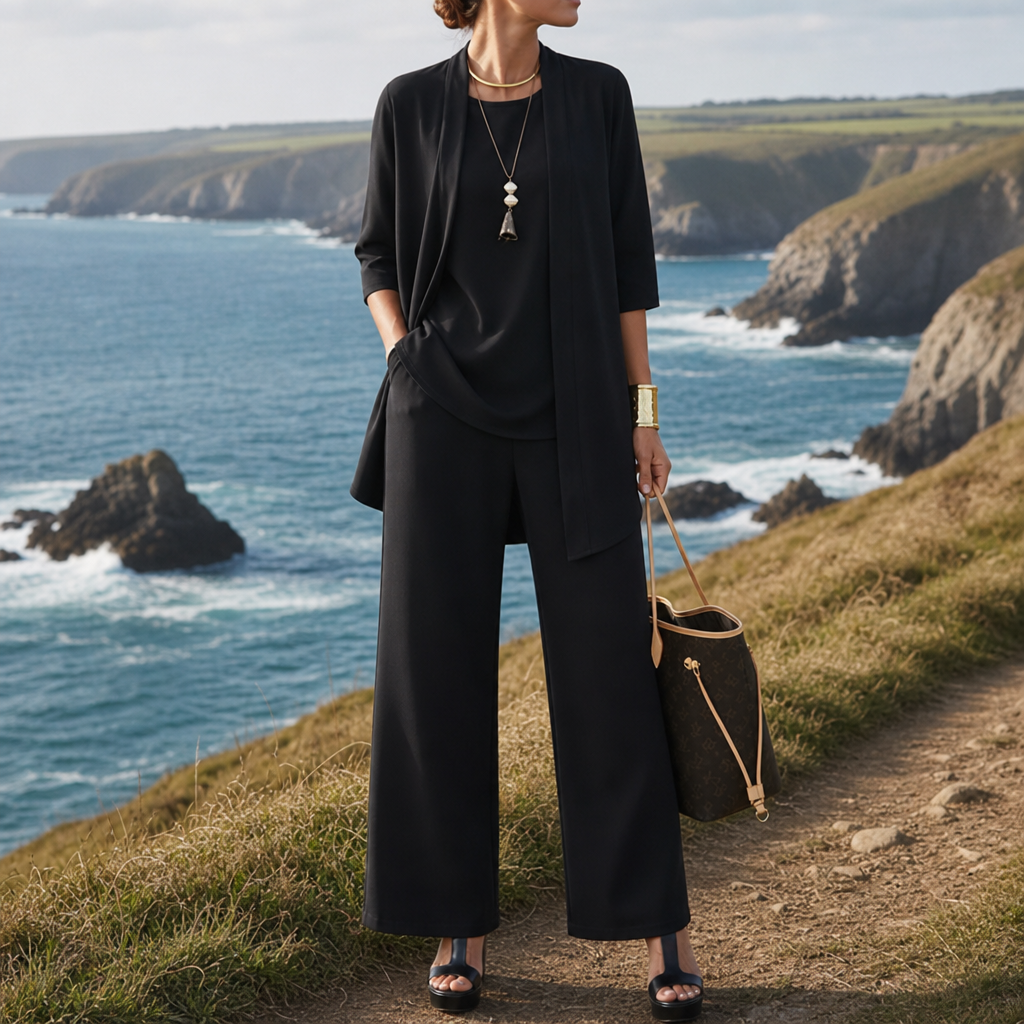 Black three-piece loungewear set styled for everyday comfort