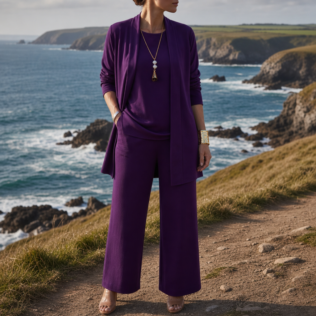 Purple three-piece loungewear set styled for everyday comfort