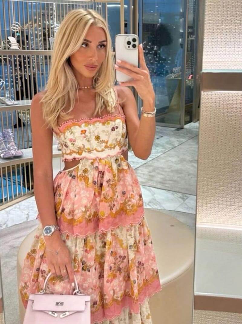 Pink maxi dress styled for a wedding guest look, front view