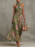 Women's green maxi dress halter neck floral