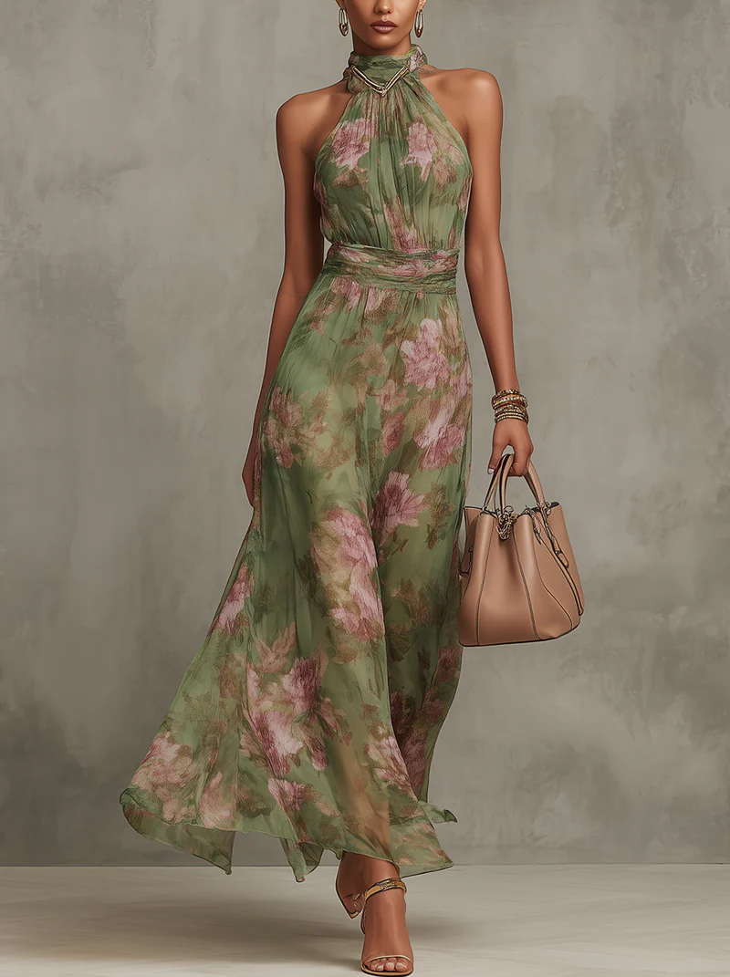 Women's green maxi dress halter neck floral