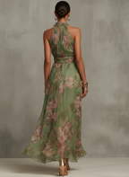 Women's green maxi dress halter neck floral
