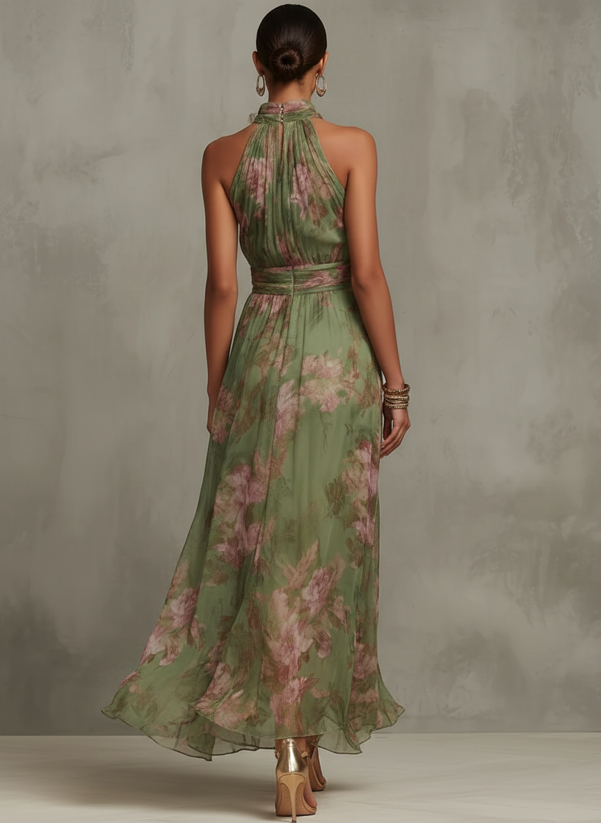 Women's green maxi dress halter neck floral