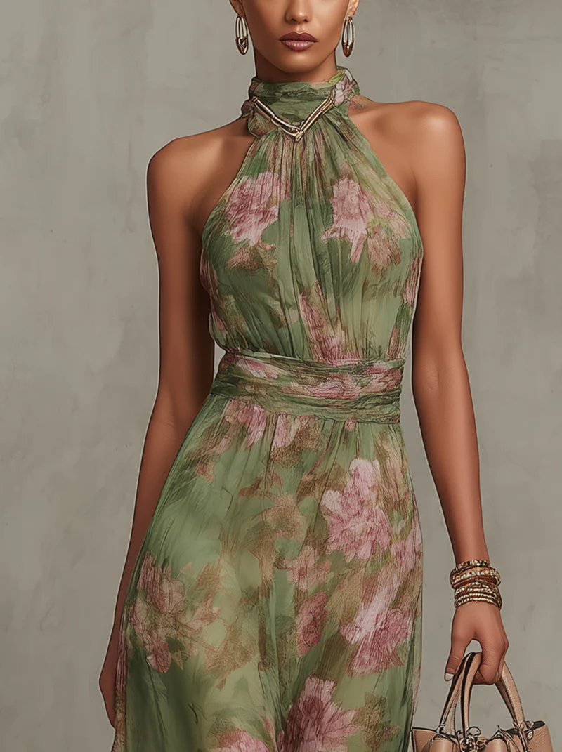 Women's green maxi dress halter neck floral