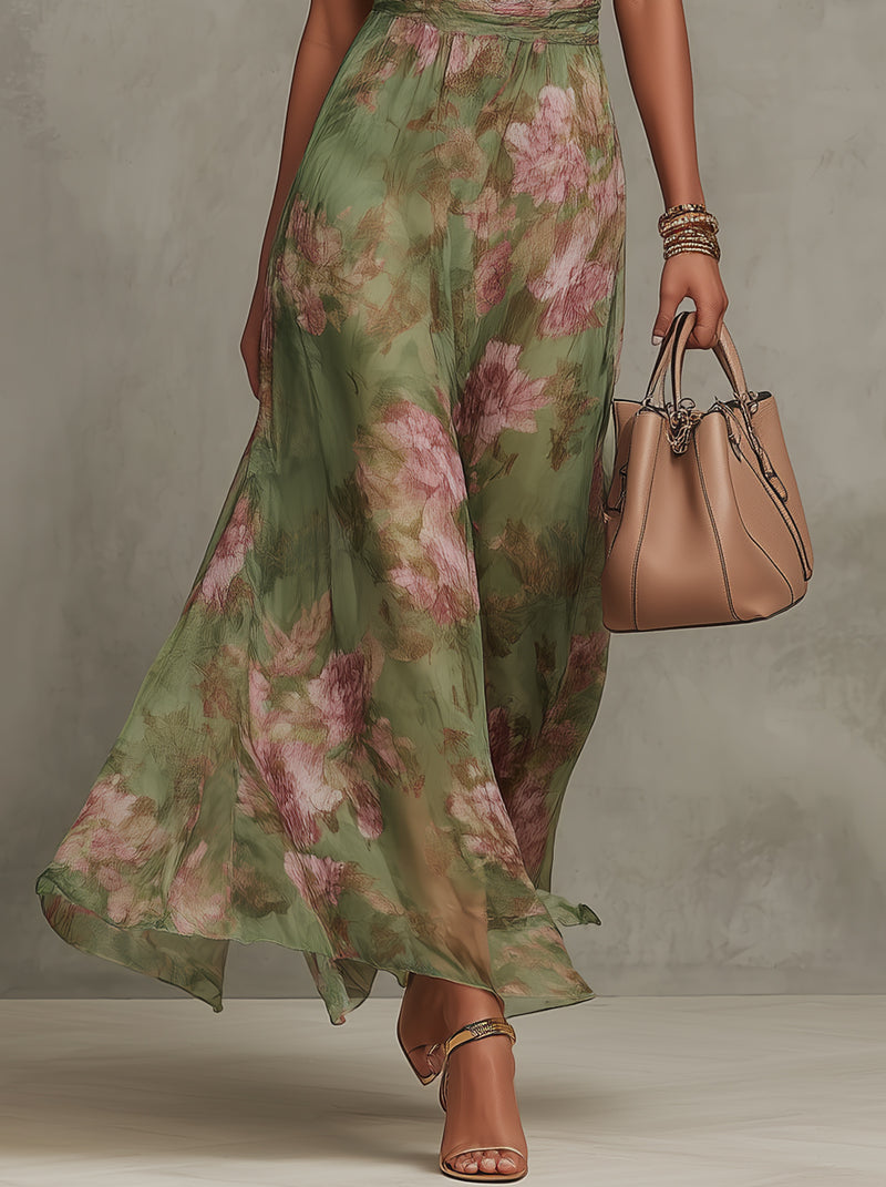 Women's green maxi dress halter neck floral