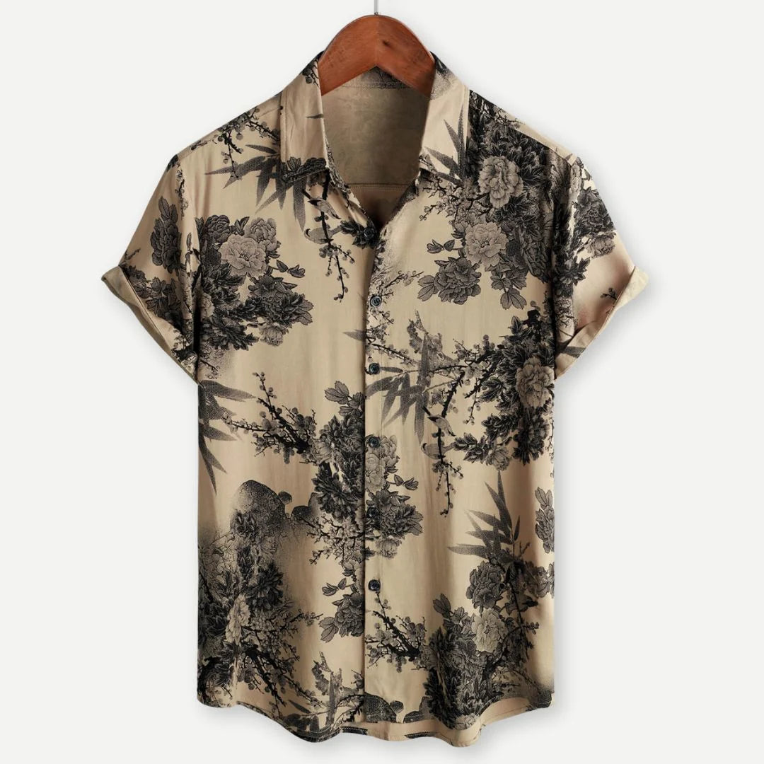 Men's Brown Vintage Floral Short-Sleeve Shirt for Summer — brown