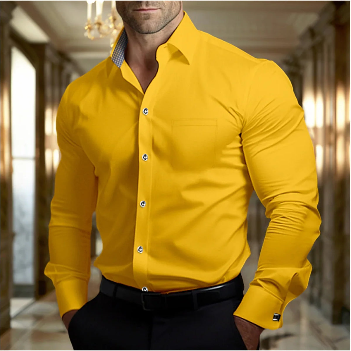 Men's Breathable Classic Fit Dress Shirt for the Office — Yellow
