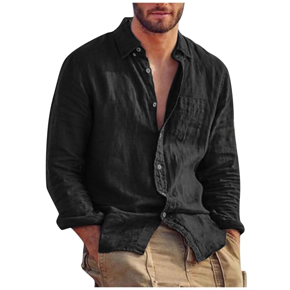 Men's Breathable Long Sleeve Casual Shirt for Everyday Wear — Black