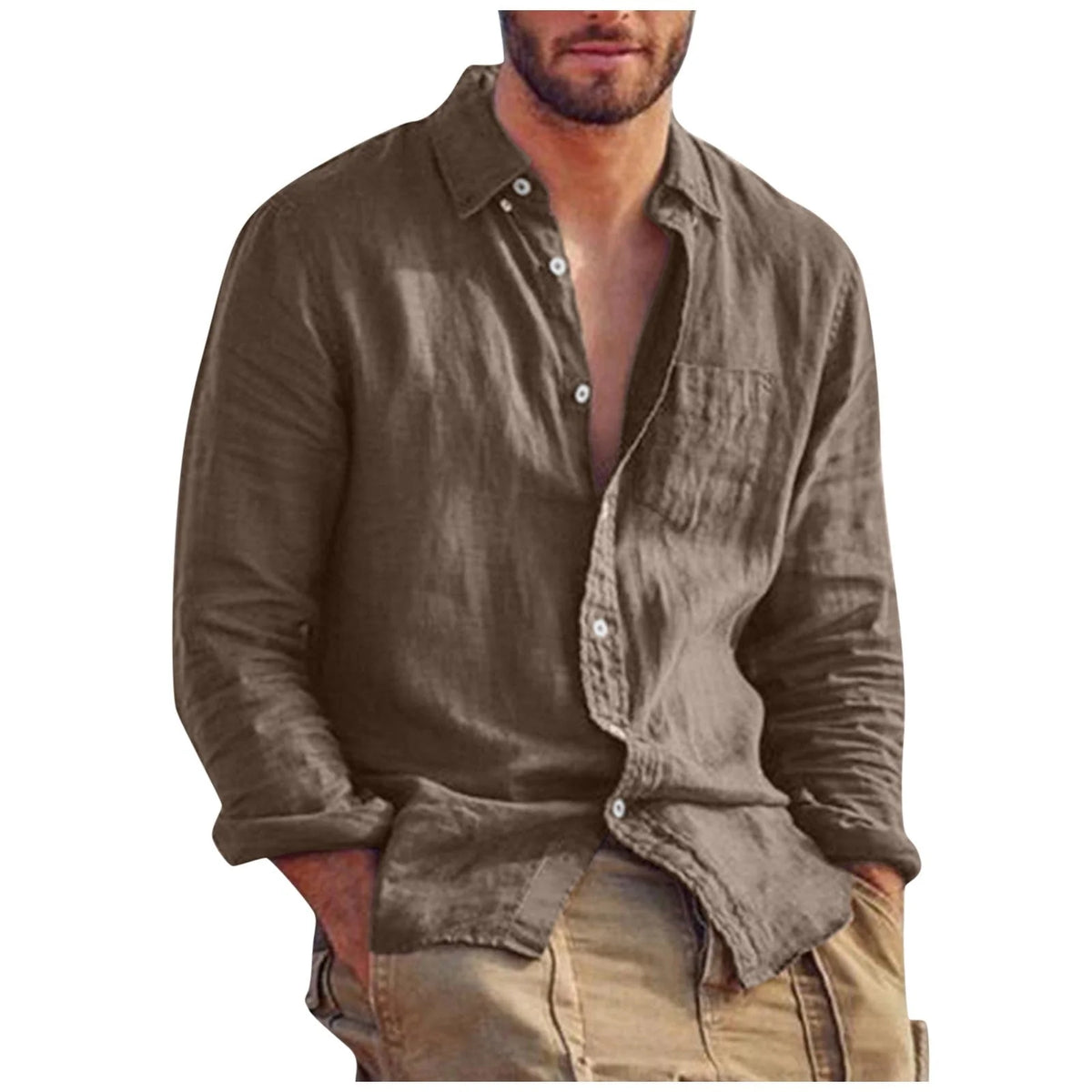Men's Breathable Long Sleeve Casual Shirt for Everyday Wear — Brown