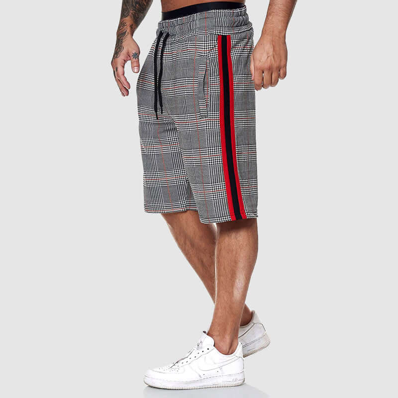 Men's Checked Drawstring Shorts with Elastic Waist for Summer — Red