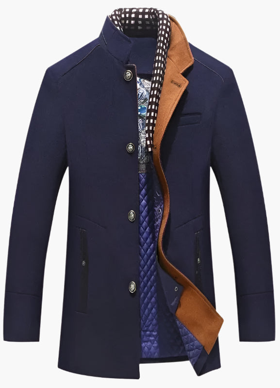 men's royal blue wool blend slim fit coat with detachable collar