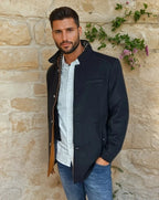 men's royal blue wool blend slim fit coat with detachable collar